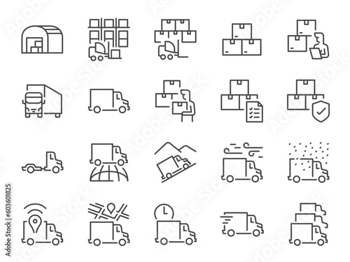 Truck Logistics icon set. It included the cargo, trailer, delivery, container, depot, and more icons. 