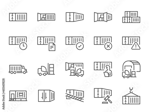 Containers icon set. It included the cargo, forklift, warehouse, container, depot, and more icons.
