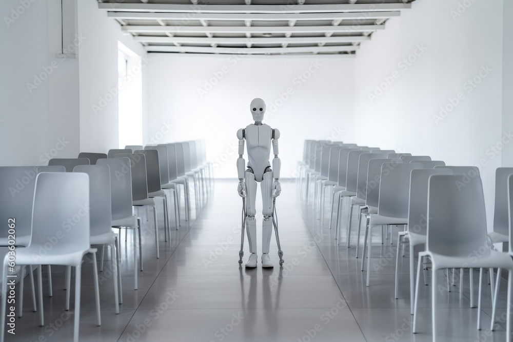 White robot waiting for job interview. Generative AI White robot waiting for job interview. Generative AI