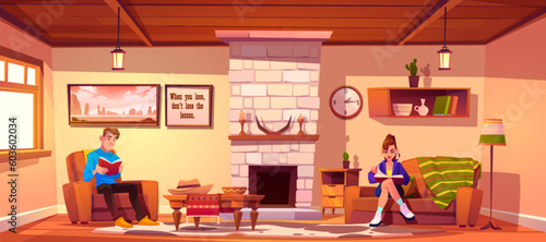 Couple reading in home living room with fireplace cartoon vector background. House interior with vintage couch and armchair. Girl and man sitting inside rustic chalet hotel lounge with bookshelf
