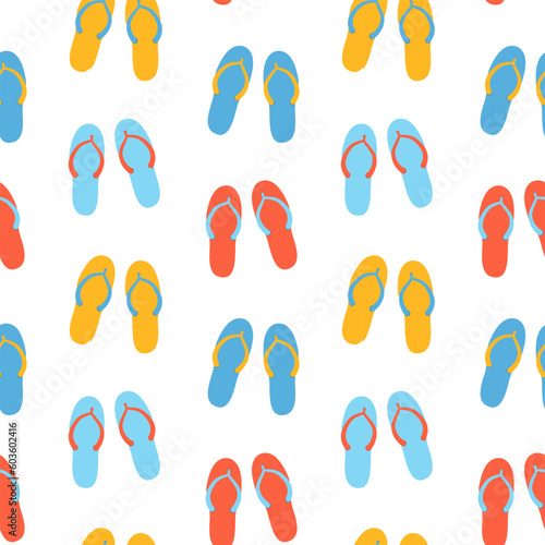 Seamless pattern of colorful hand drawn flip flop in flat vector style. Print design for children apparel, textile, wallpaper, packaging