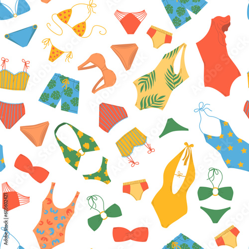 Seamless pattern of colorful hand drawn summer swimsuits in flat vector style. Print design for children apparel, textile, wallpaper, packaging