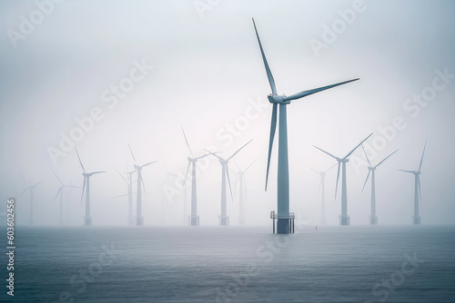 Row of floating wind turbines during hazy day. Generative ai