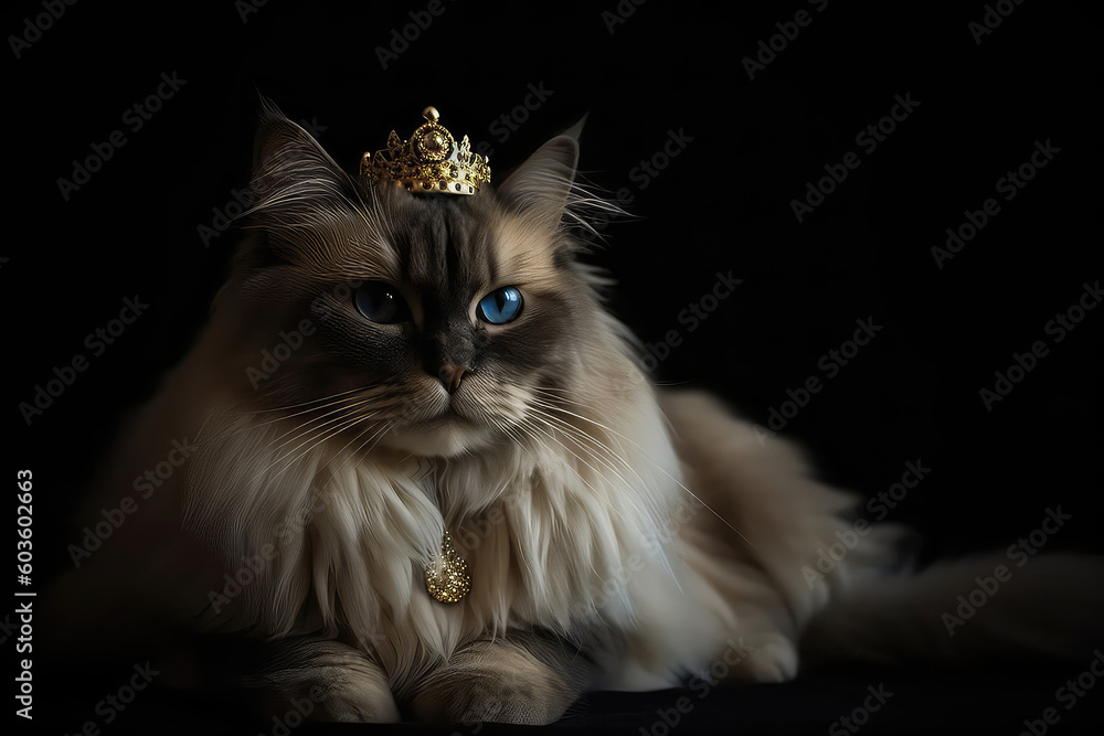 Beautiful Ragdoll Cat In Gold Crown On Matte Black Background. Generative AI