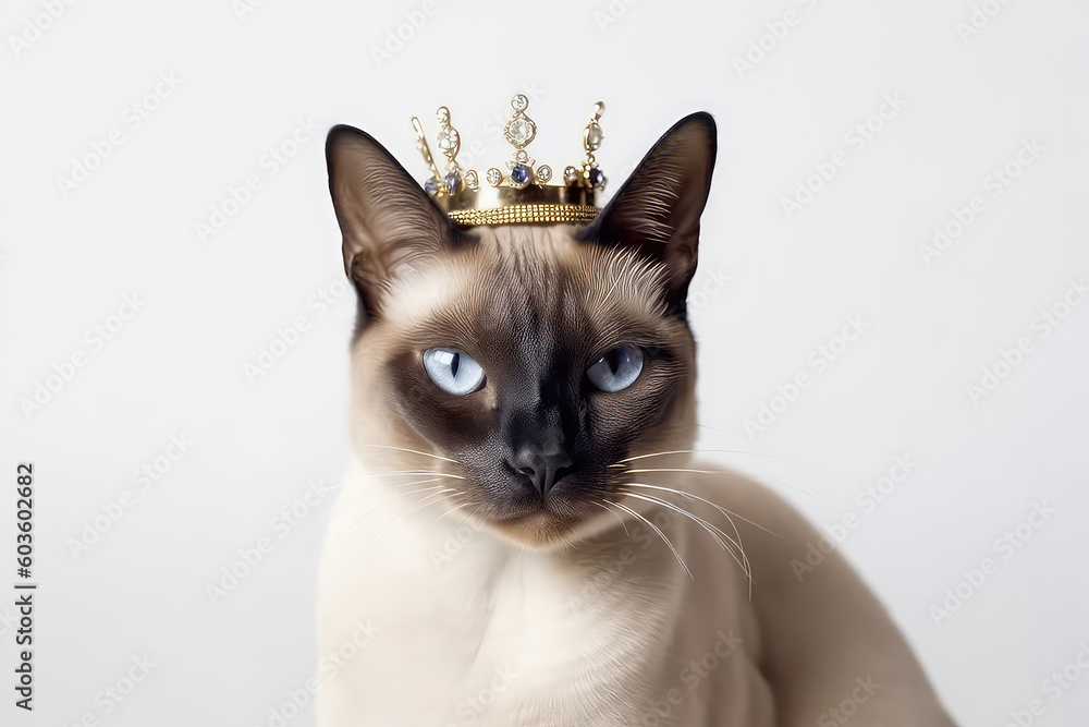 Beautiful Siamese Cat In Gold Crown On White Background. Generative AI Beautiful Siamese Cat In Gold Crown On White Background. Generative AI