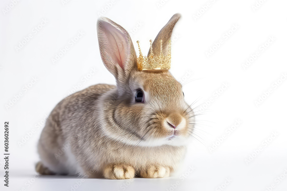Beautiful Rabbit In Gold Crown On White Background. Generative AI Beautiful Rabbit In Gold Crown On White Background. Generative AI