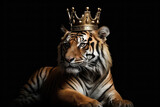 Beautiful Siberian Tiger In Gold Crown On Matte Black Background. Generative AI