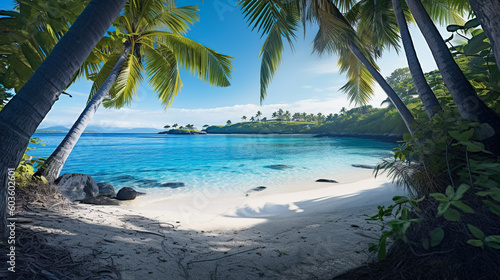 Island bliss, Exquisite ocean view surrounded by palm trees on an exotic island, Generative AI