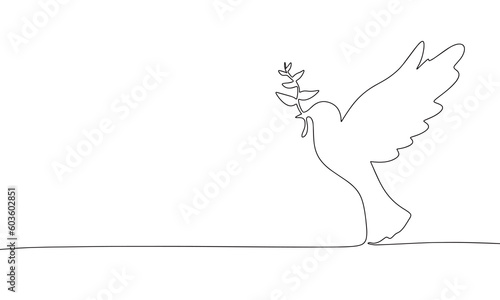 Dove of peace with branch continuous line drawing element isolated on white background for decorative element. Vector illustration of animal form in trendy outline style.