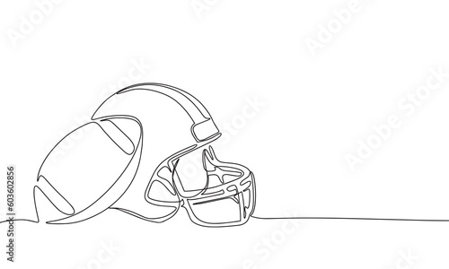 American football helmet and ball continuous line drawing element isolated on white background for decorative element. Vector illustration of gridiron in trendy outline style.