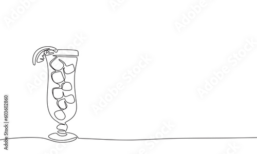 Cocktail with ice and slice of orange, continuous line drawing element isolated on white background for decorative element. Vector illustration of fresh drink in trendy outline style.