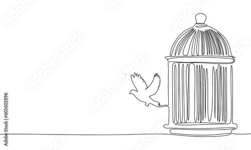Flying bird from cage continuous line drawing element isolated on white background for decorative element. Vector illustration of animal form and freedom in trendy outline style.