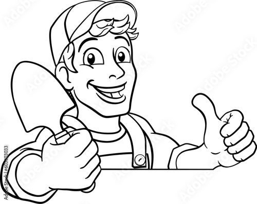 A gardener, handyman or farmer cartoon caretaker contractor man holding a garden spade tool. Peeking over a sign and giving a thumbs up