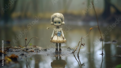 Miserable creepy toy doll standing in wet and muddy swamp, misty and dreary day all lost and abandoned, difficult life to live in depressing circumstances with no hope - generative ai 
