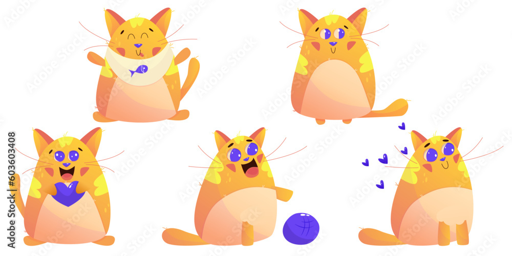 Cute Kawaii Cat Character set happy animal. Orange Cute cat pet. Cartoon vector illustration. Happy kitten meow kawaii character