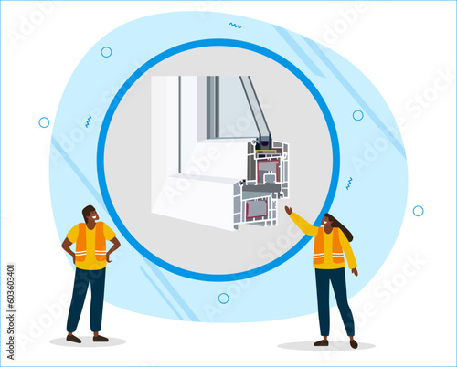 Vector illustration in flat style with people in uniform showing cut pvc window. PVC windows advertising.