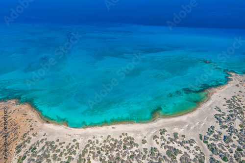 Aerial view of the exotic Chrysi island at the south of Crete, with the amazing Golden Beach, Greece