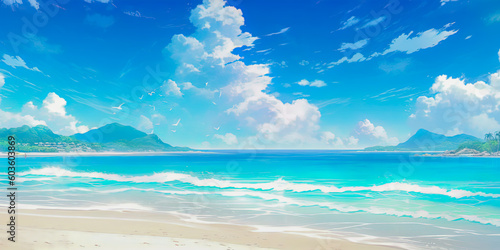 beach paradise tropical sands and sea background banner anime cartoon style, generated ai, generated, ai