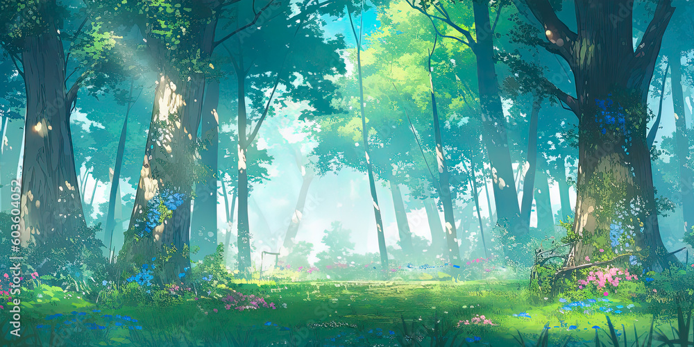 Fototapeta premium anime cartoon style woodland forest background banner, generated ai, generated, ai