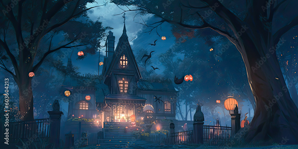 Haunted house halloween background banner scary spooky lanterns, generated ai Haunted house halloween background banner scary spooky lanterns, generated ai