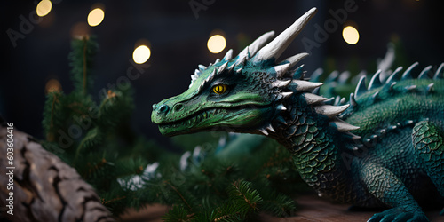 Green wood dragon with Xmas tree on the background. Symbol of the 2024. Banner with copy space