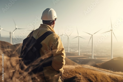 Employee standing on the side wind turbines. Generative ai