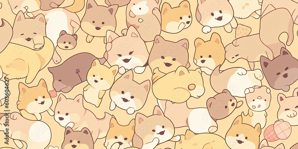 Cute anime cartoon puppies yellow background banner dog illustration, Generated AI