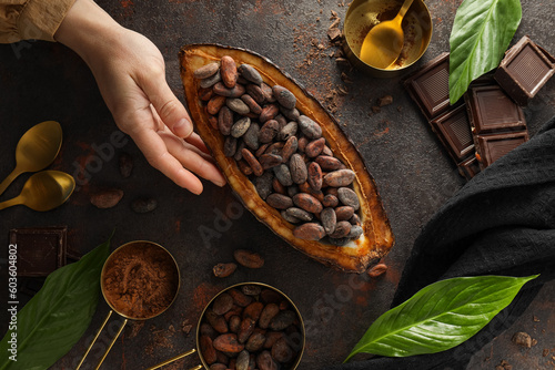 Concept of fresh and aromatic food - cacao beans