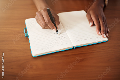 Checklist, writing and hands of woman with notebook for planning, creative ideas and to do list at home. Brainstorming, tick notes and female person write goals, agenda and schedule in journal