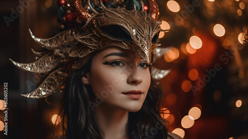 Portrait of the young beautiful woman dressed for the themed carnival