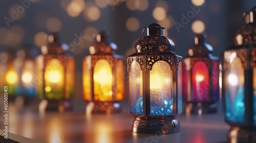 Lamp of Ramadan Kareem, Eid Mubarak, Eid Al Adha. Colorful Islamic lantern with copy space. Generated by Generative AI