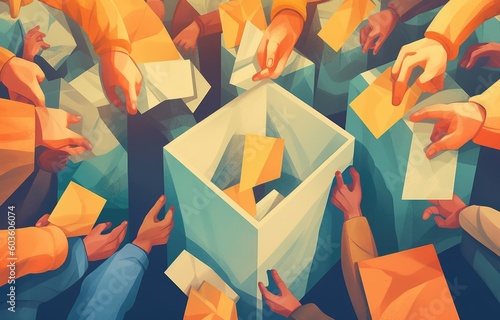 People voting in presidential, congressional or state election concept illustration. Crowd of people casting their votes, only hands being shown. In tones of contrasting orange and blue, top view.  photo