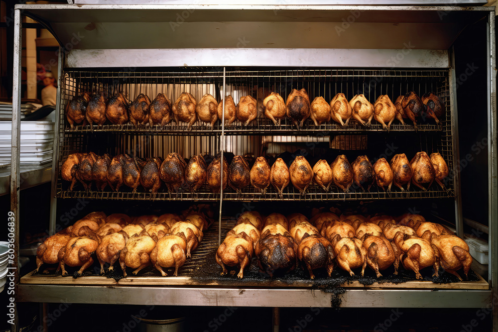 Multiple Chickens That Are Cooked In Metal Rack In An Oven. Generative AI Multiple Chickens That Are Cooked In Metal Rack In An Oven. Generative AI