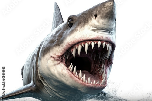 Scary Shark With Huge Teeth On White Background. Generative AI
