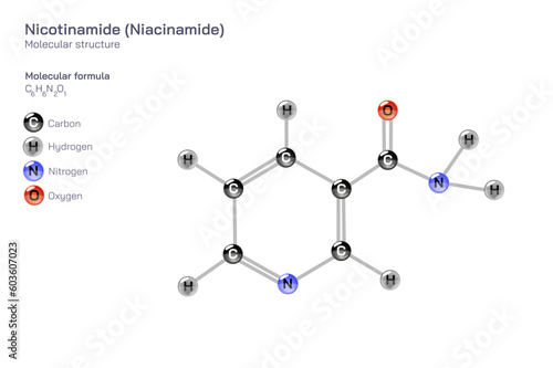 Nicotinamide molecular structure formula. Niacinamide structural molecular formula Vector design. Pharmaceutical compounds and composition. Easily printable product with correct CPK colour code.  