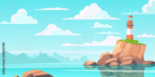 Vector sea landscape with lighthouse. Design template in trendy style navigational and travel concept. Cartoon vector flat style.
