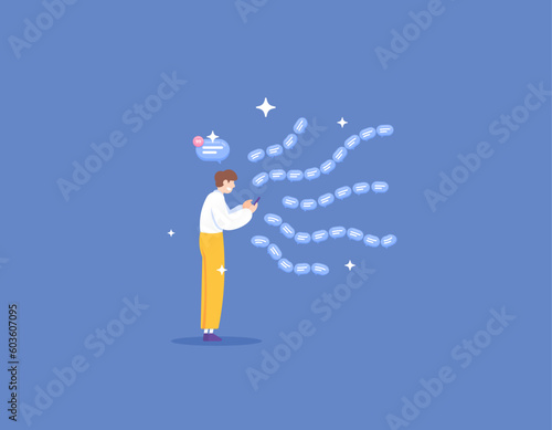 A man doing spam chat. sent a lot of comments. provide a large number of repeated comments. buzzers and spammers. social media and internet. illustration concept design. vector elements. blue