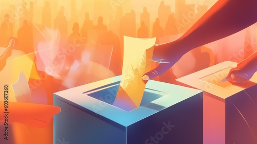 Elections and democracy concept illustration. People casting the vote, hands close-up. Generated with the use of an AI. photo