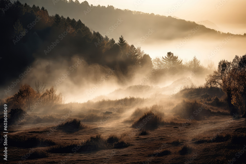 Fototapeta premium Wisps Of Smoke Blend With Fog, Creating An Ethereal Scene. Generative AI