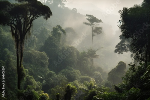 Rainforest landscape with trees and fog - theme conservation, climate change and renewable energy