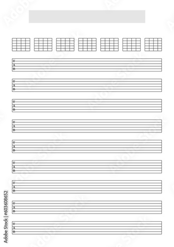 Blank Guitar (6 strings) tablature sheet template to write music. A4 format in portrait mode with a song title and artist name block at the top. It includes chord diagrams charts at the top photo