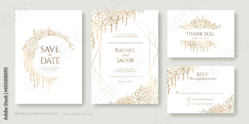 Gold Wedding Invitation, save the date, thank you, rsvp card Design template. Succulent flower and leaves. photo