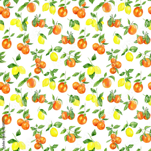 Fototapeta Naklejka Na Ścianę i Meble -  Handpainted watercolor seamless pattern with lemons and oranges