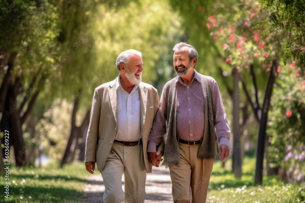 Middle age gay couple happiness outdoors in the park, modern family relationship love and lifestyle, generative AI person Middle age gay couple happiness outdoors in the park, modern family relationship love and lifestyle, generative AI person