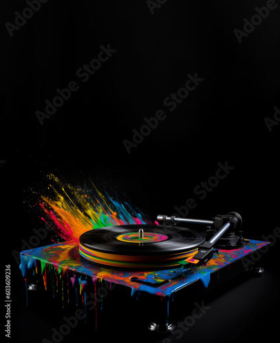 Dj turntable and vinyl record splash art graphic poster illustration for night club, event, music store. Generative AI