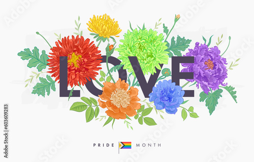 Happy pride floral poster, web banner or greeting card. Word love and hand drawn detailed flowers on light background. Lgbt colors. Lgbtq+ flag. Vector illustration