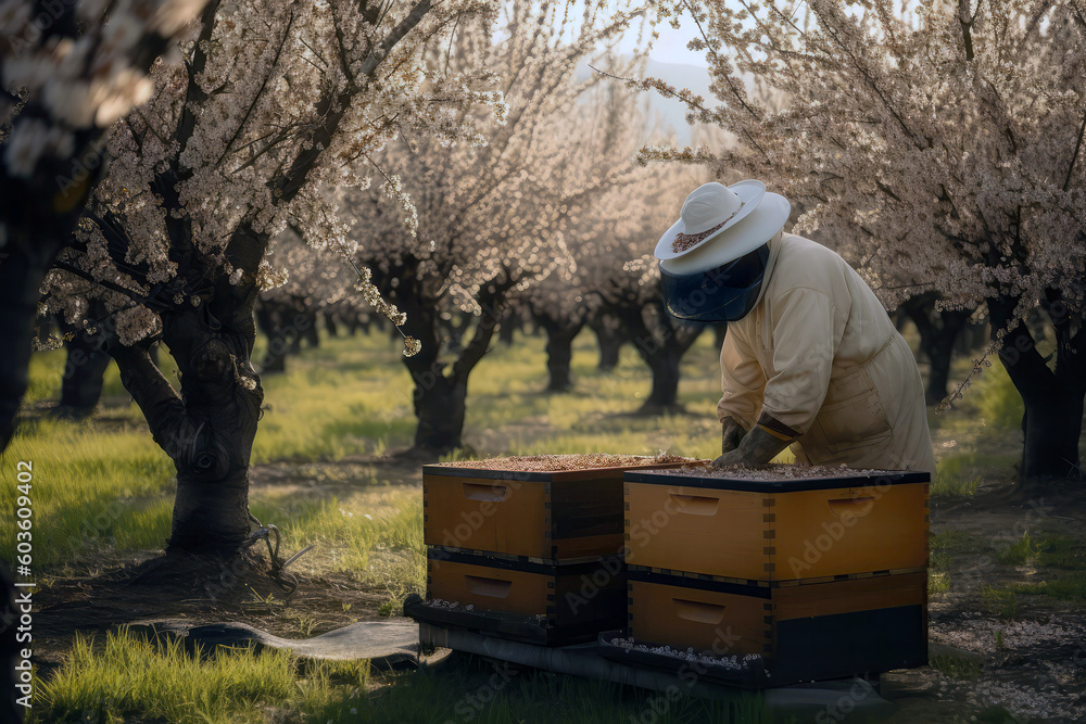 Beekeeper Placing New Beehive In Picturesque Orchard. Generative AI