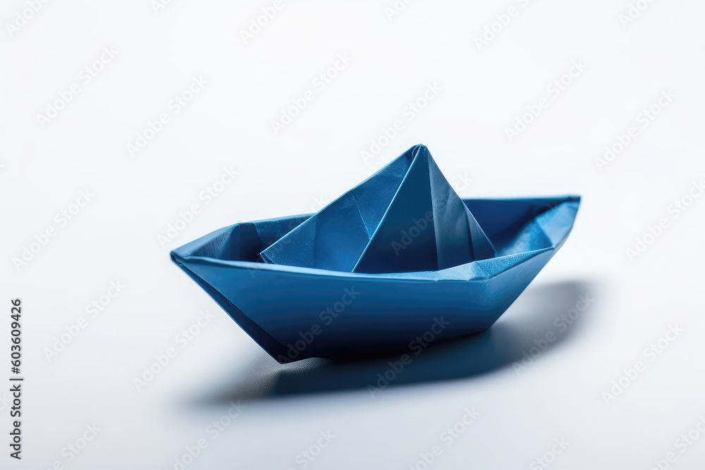 Blue Paper Boat On White Background. Generative AI