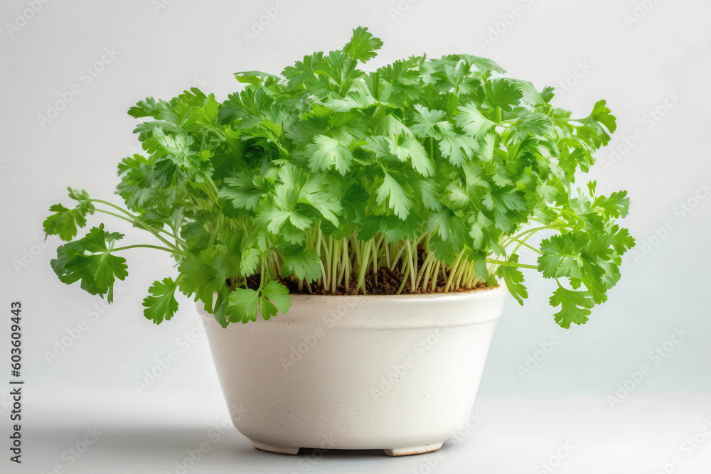 Cilantro Growing In White Pot On White Background. Generative AI Cilantro Growing In White Pot On White Background. Generative AI