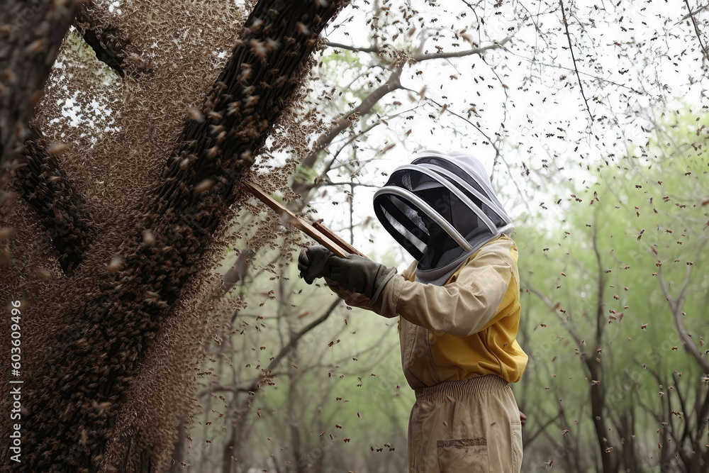 Naklejka premium Beekeeper Attending To Swarm Hanging From Tree Branch. Generative AI